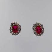 Silver Oval Ruby Colour With White Cubic Zirconia Halo Stud Earrings image
