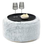 Ottoman Pouf with a Serving Tray - Fluffy Faux Fur Rabbit Dusty Blue