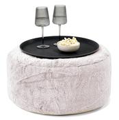 Ottoman Pouf with a Serving Tray - Fluffy Faux Fur Rabbit Dusty Pink