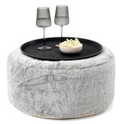 Ottoman Pouf with a Serving Tray - Fluffy Faux Fur Rabbit Light Grey