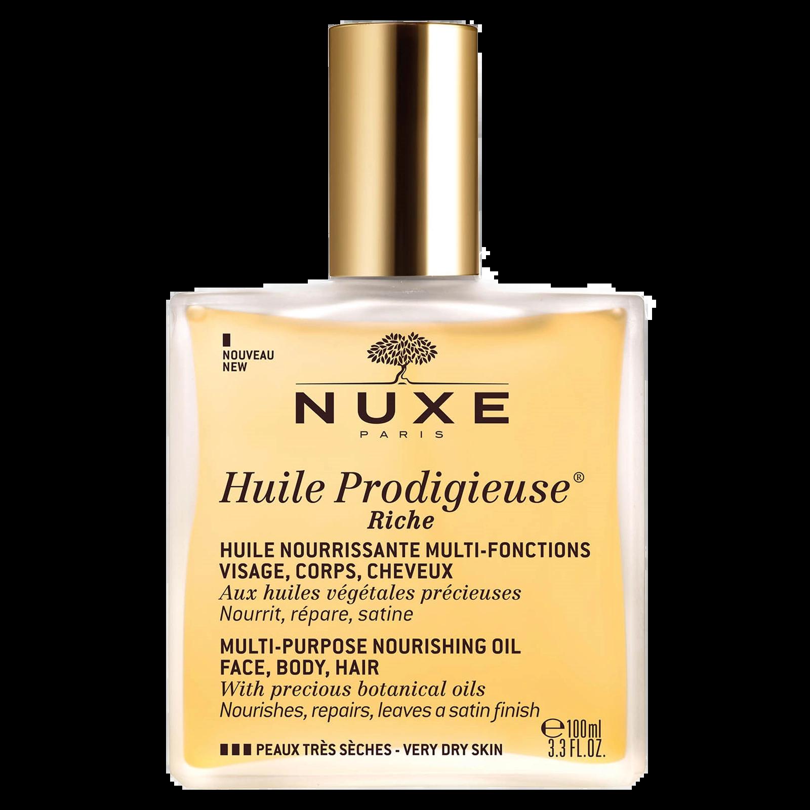 Nuxe Huile Prodigieuse Riche Oil for Face, Body & Hair - Nourishes, Repairs, Leaves a Satin Finish - 100ml - Image Features: Nourishing Oil, Very Dry Skin