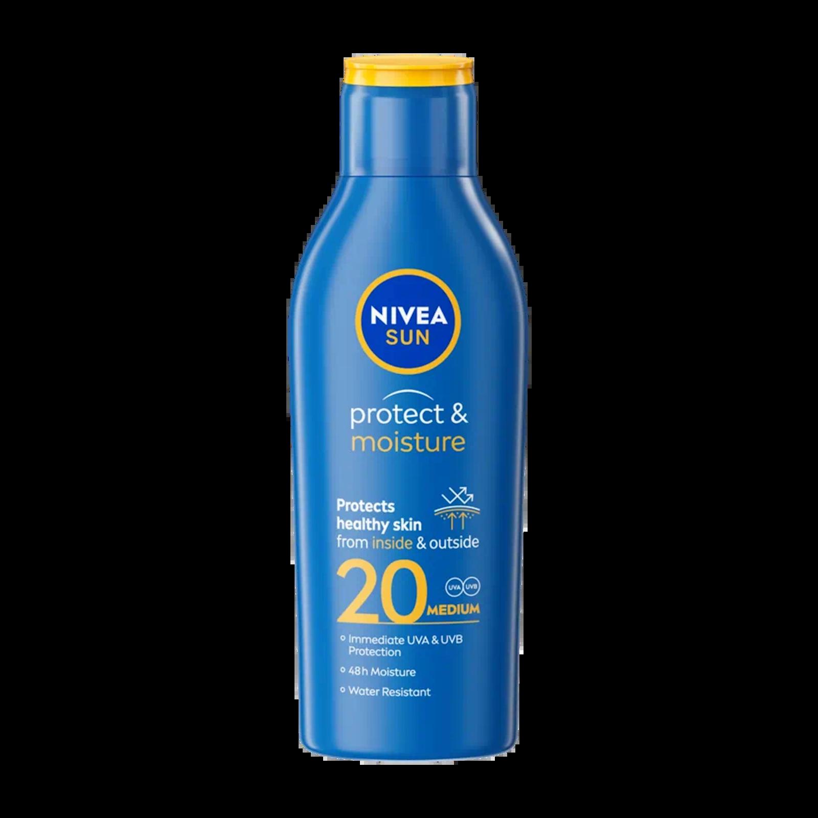 Nivea Sun Protect & Moisture Lotion SPF 20 200ml, UVA & UVB Protection, 48h Moisture, Water Resistant, Medium
