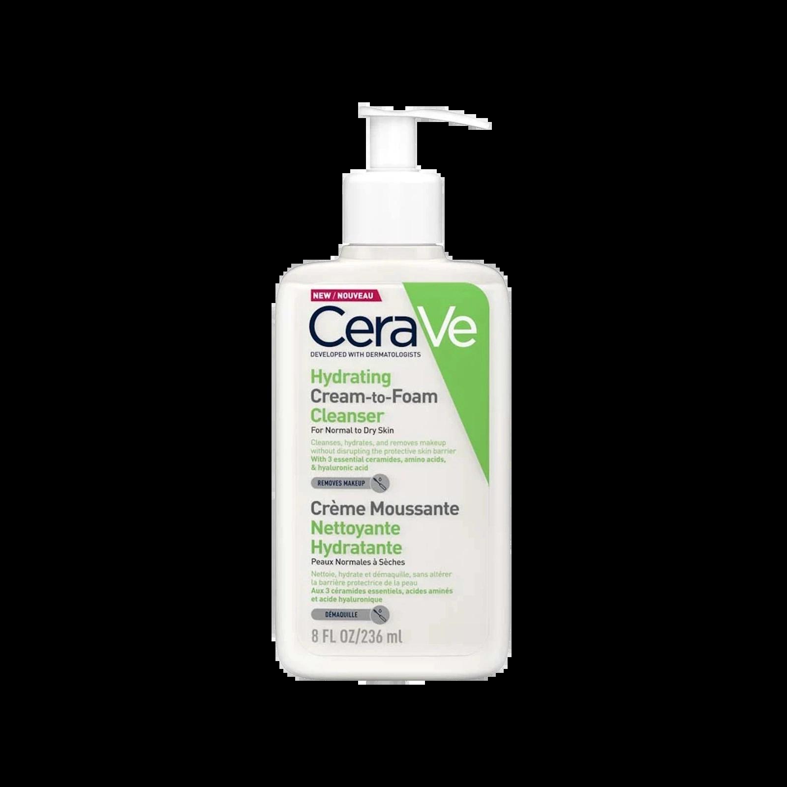 CeraVe Cream-to-Foam Cleanser for Normal to Dry Skin - Removes Makeup, Hydrating, With Ceramides, Hyaluronic Acid - 236ml