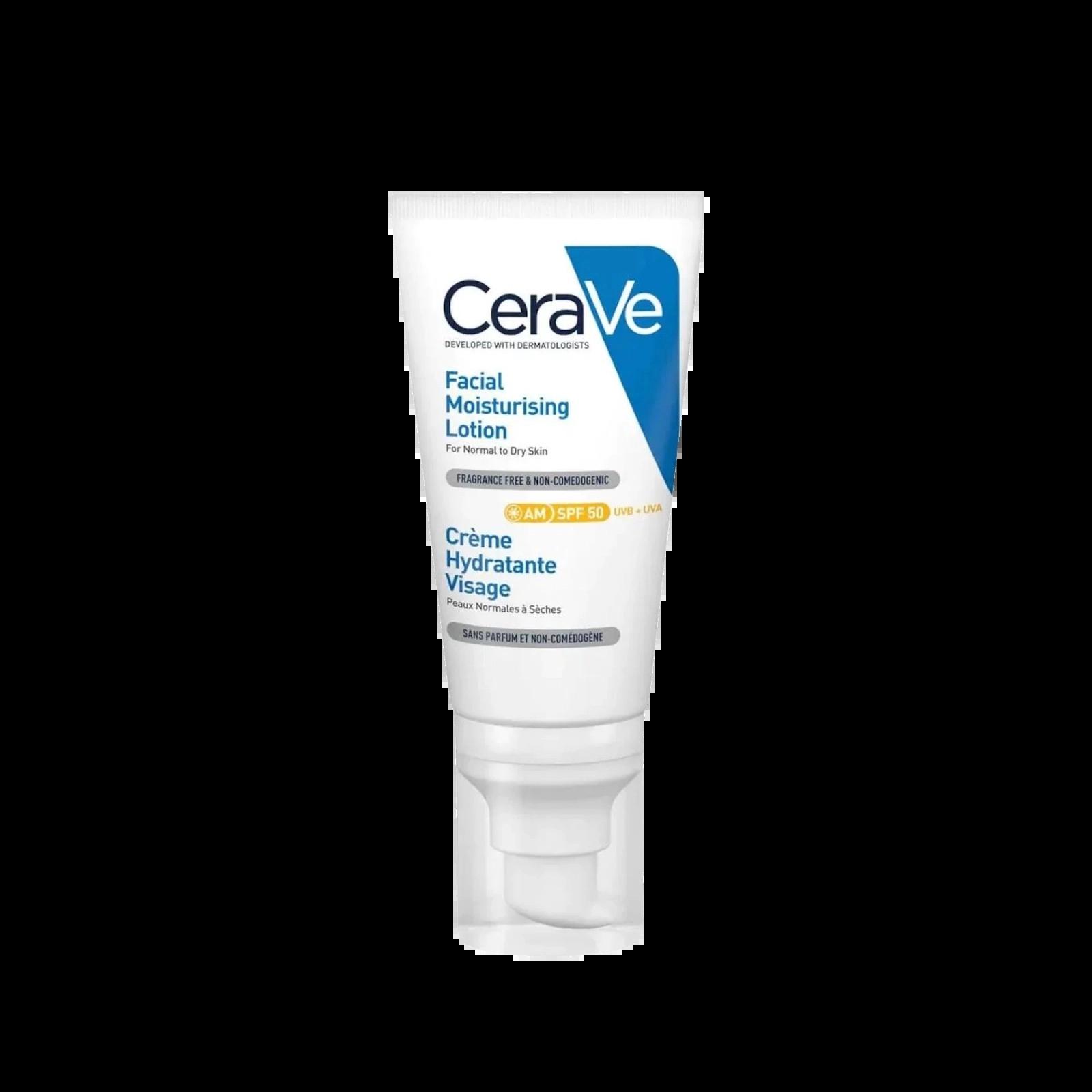 CeraVe Facial Moisturising Lotion SPF50, Fragrance Free, Non-Comedogenic, for Normal to Dry Skin, Size 52ml, Image Features: SPF 50, UVA, UVB