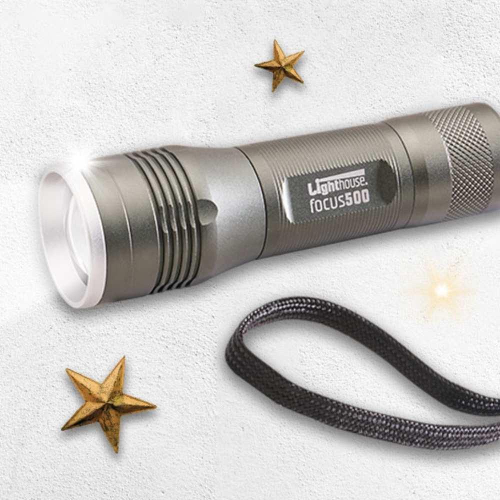 Lighthouse Elite Focus Torch 500 Lumens LED with Adjustable Focus, High/Low/Strobe Modes, IP54 Water/Dust Resistant, Anodised Aluminium Body