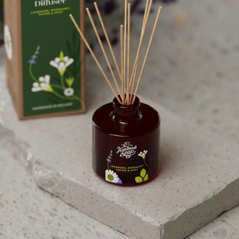 Handmade Co. Reed Fragrance Diffuser - Lavender, Rosemary, Thyme & Mint Scent - 200ml Glass Bottle with Reeds and Floral Illustrations