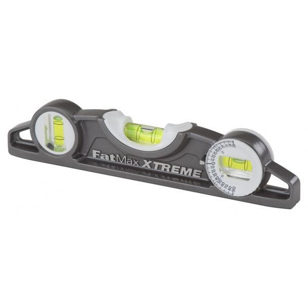 Stanley FatMax Xtreme Torpedo Magnetic Level 250mm 3 Vial Aluminium with Rare Earth Magnets and Pipe Groove for Accurate Measurements