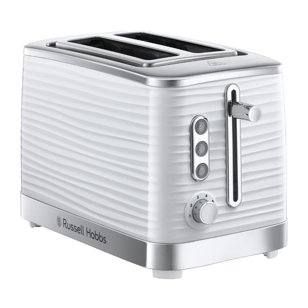 Russell Hobbs Inspire White 2 Slice Toaster with Premium Textured Plastic, Frozen, Cancel, Reheat, High Lift, Lift & Look, Variable Browning, Blue LED Illumination, Chrome Accents