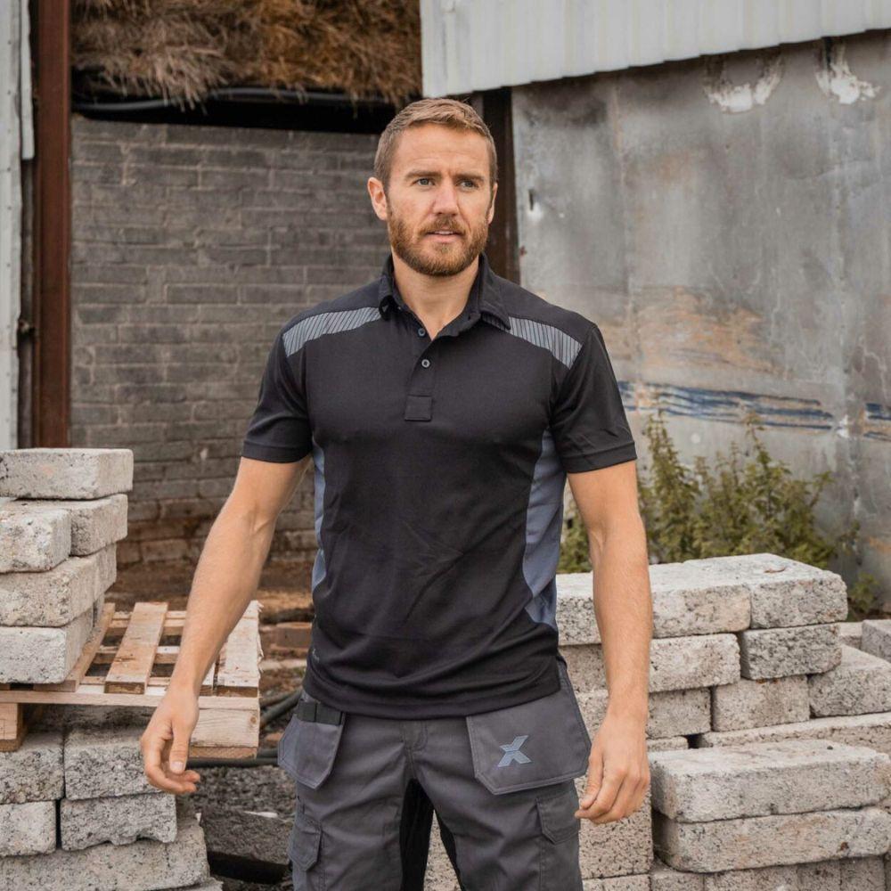 Xpert Pro Stretch Polo Shirt Black/Grey Size S - 100% Polyester, Anti-Bacterial, Wicking, Reinforced Collar, Reflective Details, Modern Fit, Breathable, Stretch