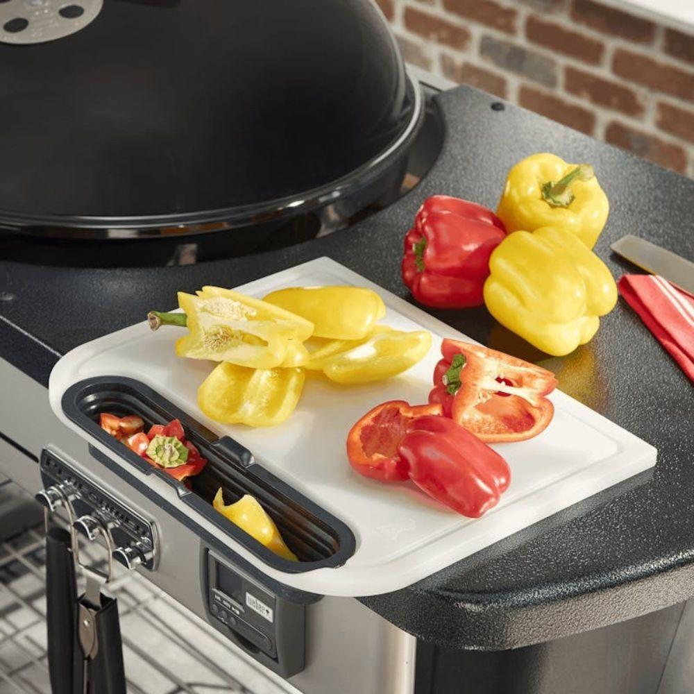 Weber Traveler Cut & Catch Board with Collapsible Bin - White/Black - Integrated Groove, Spill Prevention, Easy Storage for Grill-side Prep