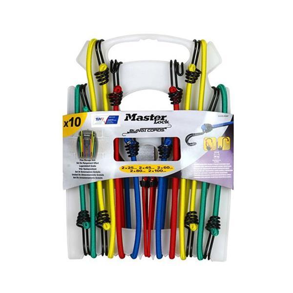 Master Lock Bungee Cords 10 Piece Set with Twin Wire Hooks, Colour-Coded, Mixed Sizes