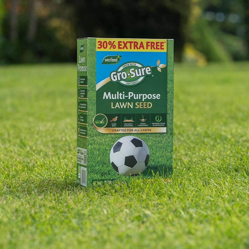 Gro-Sure Multi-Purpose Lawn Seed 390g 10m² Coverage with 30% Extra Free for 13m² Total Coverage, Hard-wearing, Strong Root Growth, Bird Deterrent, Quick Germination, Built-in Seed Applicator