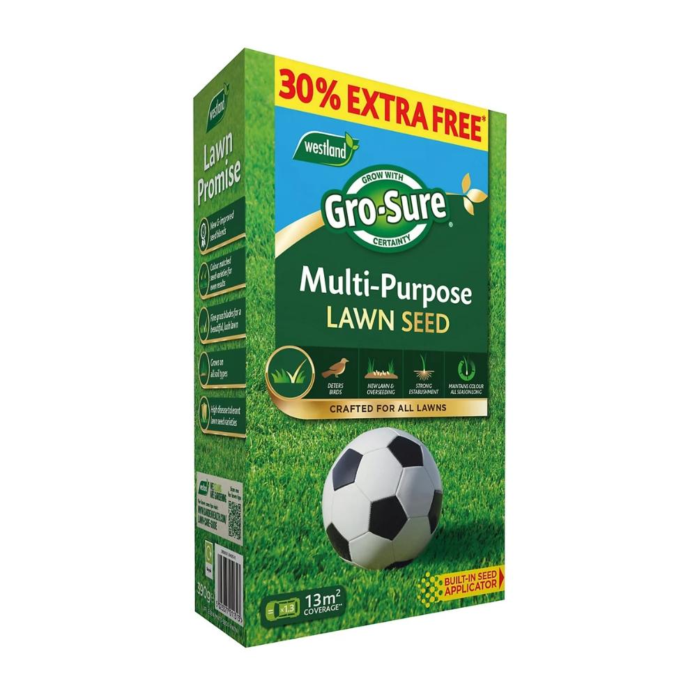 Gro-Sure Multi-Purpose Lawn Seed 390g 10m² Coverage with 30% Extra Free for 13m² Total Coverage, Hard-wearing, Strong Root Growth, Bird Deterrent, Quick Germination, Built-in Seed Applicator