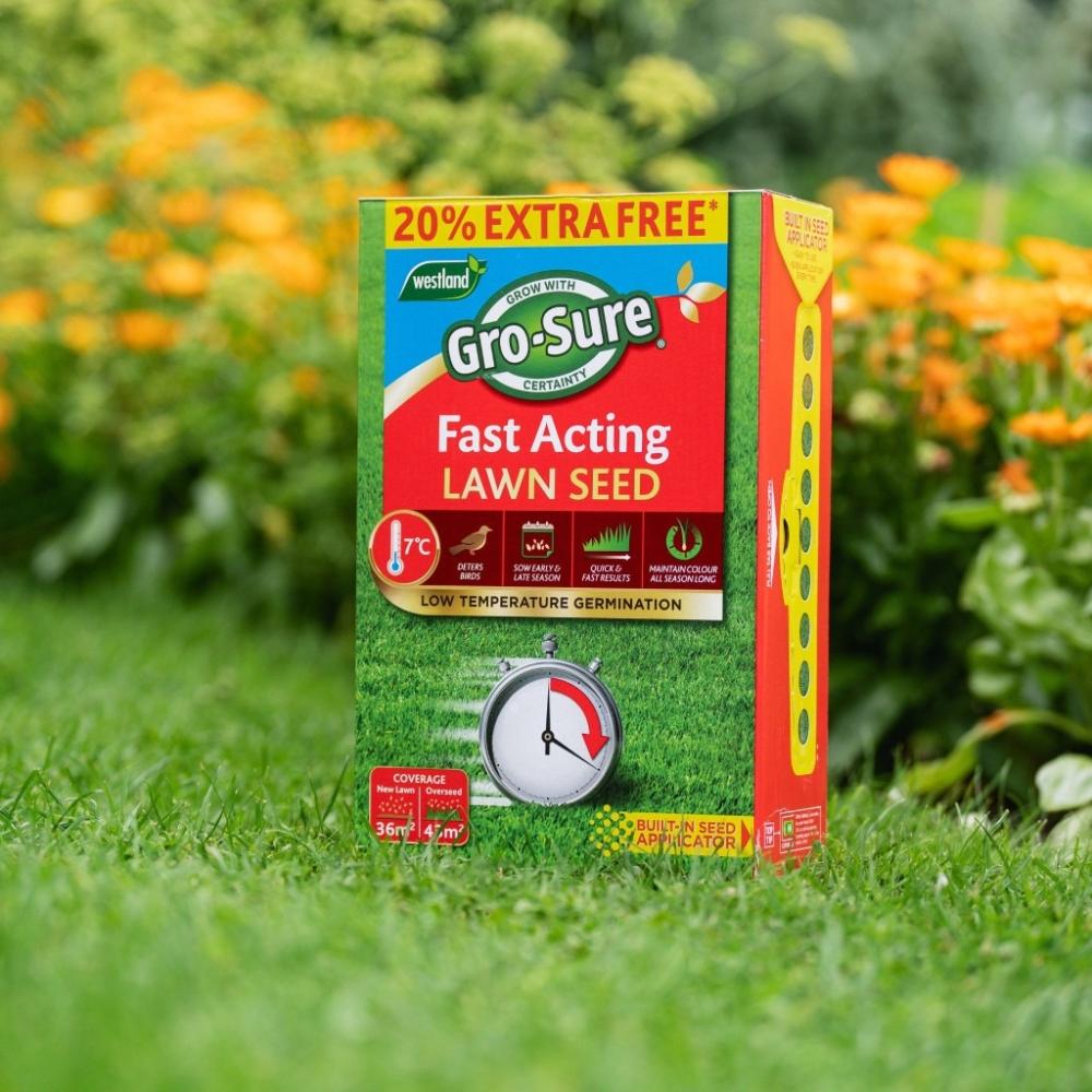 Gro-Sure Fast Acting Lawn Seed 36m² 20% Extra Free with 7°C Low Temperature Germination and Built-in Seed Applicator