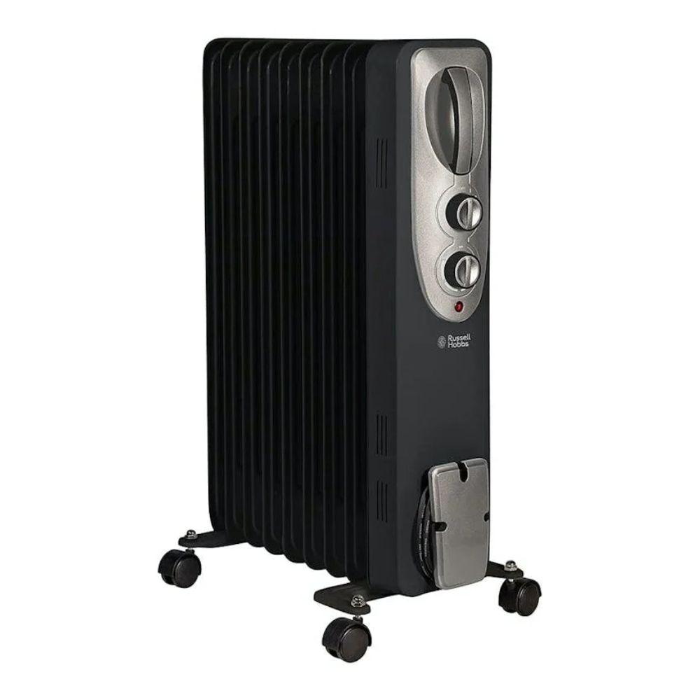 Russell Hobbs 2000W Oil Filled Radiator | Black | 9 Fin | 3 Heat Settings | Variable Thermostat | Up to 20m² | Carry Handle & Wheels