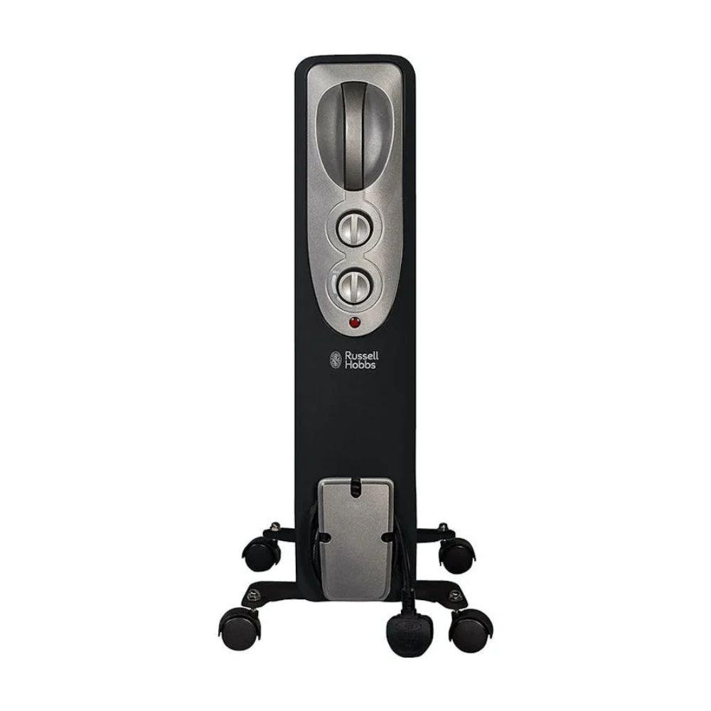 Russell Hobbs 2000W Oil Filled Radiator | Black | 9 Fin | 3 Heat Settings | Variable Thermostat | Up to 20m² | Carry Handle & Wheels