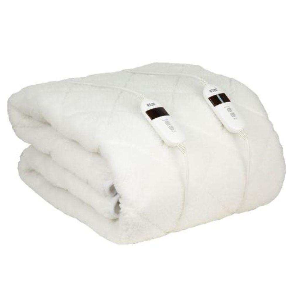 Russell Hobbs Electric Blanket Double Sherpa Fleece RHBDB8004 - Size Double (135 x 190 cm), 6 Heat Settings, 10-Hour Auto Shut-Off, Machine Washable, Overheat Protection, White, Quilted, Two Controllers