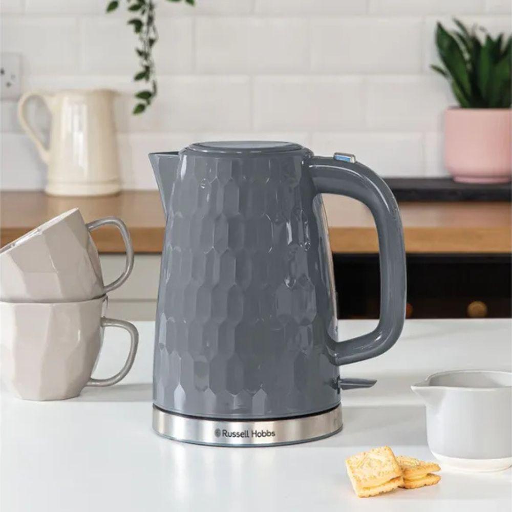 Russell Hobbs Honeycomb Kettle Grey 1.7 litres Stainless Steel Perfect pour spout Cup markings Illuminated water window