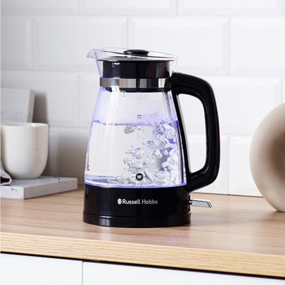 Russell Hobbs Classic Hourglass 1.7L Glass Kettle Black with Blue Illumination and Anti-scale Filter