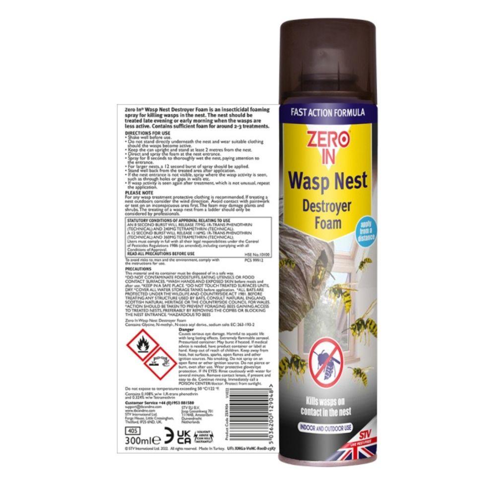 Zero In Wasp Nest Destroyer Foam 300ml Aerosol - Kills Wasps Indoors & Outdoors from 2m Distance - Fast Acting Formula