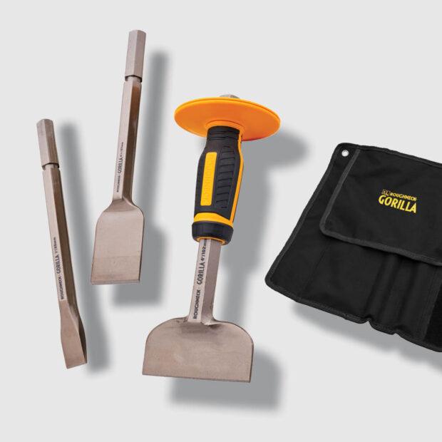 Roughneck Bolster and Chisel Set with Non-slip Grip in Wallet - Chrome Vanadium Steel, Includes 3 Chisels & Hand Guard, Hexagonal Shaft, Yellow/Black Grip, Orange Guard