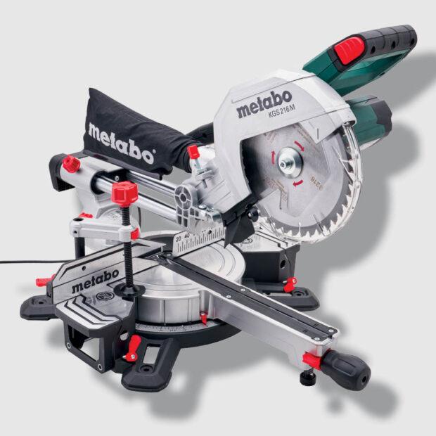 Metabo 216mm Cross Cut Mitre Saw - 1500W, 240V, Sliding Function, PCL Shadow Line, Working Light, Chip Bag, Aluminium Bench, Carry Handle, Transport Lock, Easy Blade Change, Clarke's Bailieborough Logo
