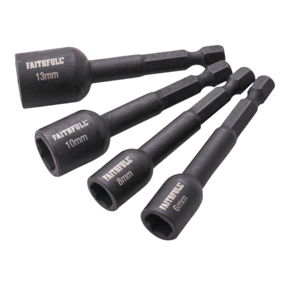 Faithfull 4 Piece Impact Nut Driver Set 6mm 8mm 10mm 13mm 1/4" Hex Shank Black Phosphate Finish
