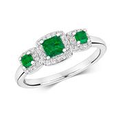 9ct White Gold 3 Stone Cluster Square Emerald set Ring