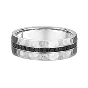 0.45ct 7mm Gents Round Cut Black Natural Diamond &amp; Hammered Texture Band In 9ct White Gold - S image