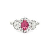 0.47ct Oval Pink Spinel and Natural Diamond Three Stone Ring in 18ct White Gold