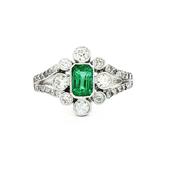 0.60ct Emerald &amp; 0.70ct Natural Diamond Cluster Cocktail Ring in 18ct White Gold image