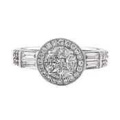 0.86ct F vs Natural Diamond Cluster Halo Ring Wth Baguette &amp; Round Shoulders in 18ct White Gold