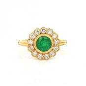 0.90ct Round Emerald &amp; 1.00ct Natural Diamond Halo Cluster Floral Style Ring in 18ct Yellow Gold image