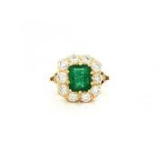1.85ct Emerald &amp; 1.60ct Natural Diamond Halo Cluster Claw Set in 18ct Yellow Gold image