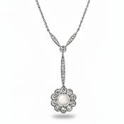 2.00ct Natural Diamond &amp; Pearl Floral Shape Antique Pendant in 14ct White Gold