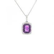 2.97ct Cushion Cut Amethyst &amp; 0.29ct Natural Diamond Halo Pendant in 18ct White Gold