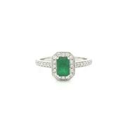 0.90ct Emerald &amp; 0.48ct Natural Diamond Halo Ring with Diamond Shoulders in 18ct White Gold image