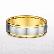 7mm Two Tone Gents White Gold Satin Centre &amp; Yellow Gold Polished Edge Wedding Band In 9ct Gold - V