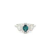 0.42ct Oval Green Tourmaline and Natural Diamond Halo Style Three Stone Ring in 18ct White Gold