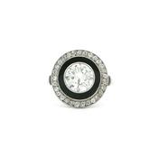 Vintage Natural Round Cut Diamond &amp; Halo with Onyx Target Ring in Platinum