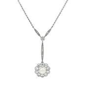 2.00ct Natural Diamond &amp; Pearl Floral Shape Antique Pendant in 14ct White Gold