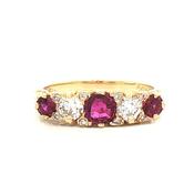Vintage Ruby &amp; Natural Diamond 5 Stone Carved Ring in 18ct Yellow Gold