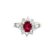 0.94ct Oval Ruby &amp; 0.84ct Natural Diamond Cluster Halo with Baguette Shoulders in Platinum image