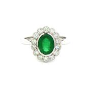 2.10ct Oval Emerald &amp; 0.70ct Natural Diamond Rub Over Scalloped Halo Cocktail Ring in 18ct White Gol