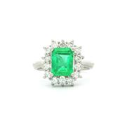 1.72ct Rectangle Emerald &amp; 0.65ct Natural Diamond Halo Cluster Ring in 18ct White Gold image