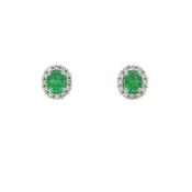 Oval Emerald and Natural Diamond Halo Stud Earrings in 18ct White Gold image