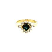 Sapphire &amp; Natural Diamond Halo with Baguette Sides in 18ct Yellow Gold