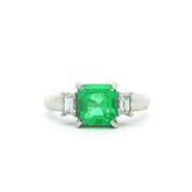 1.52ct Emerald &amp; 0.30ct Natural Diamond Three-Stone Ring with Baguette Accents in Platinum image