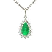 1.39ct Natural Emerald &amp; 0.59ct Diamond Platinum Pear Shape Cluster Pendant image
