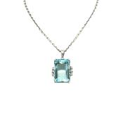 Vintage Natural Emerald Cut Aquamarine and Diamond Pendant with chain in Platinum image